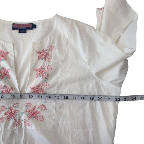 Vineyard Vines Women Ivory Embroidered Tunic Top-3/4 Sleeve SZ Large Soft Cotton - Picture 9 of 13